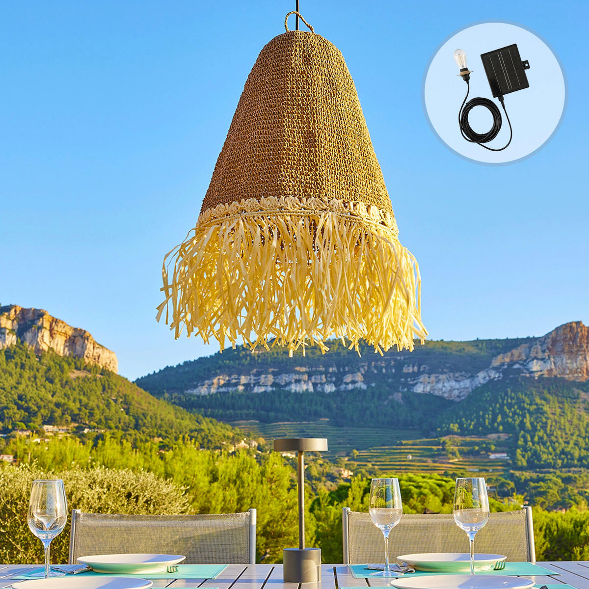 PALOMA Solar-Pendelleuchte D40CM 5M - Beige, Naturmaterialien (40/40/65cm) - Lumisky