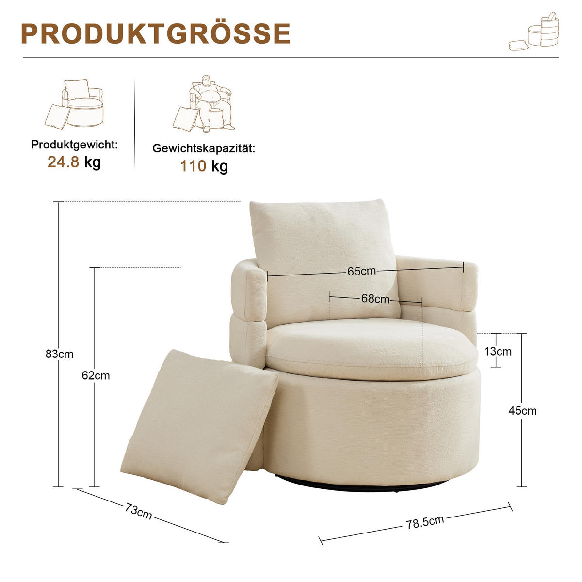 SESSEL 360° drehbar mit Stauraum, DE-42213, Elfenbein - Creme, Holzwerkstoff (73/83/78.5cm) - ComfortXL