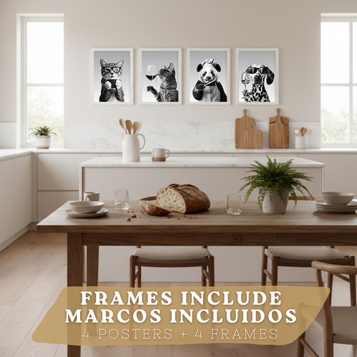 PLAKAT Sada 4 Byn Animals A4 Bílý rám - bílá, papír (29.7/1/21cm) - Nacnic