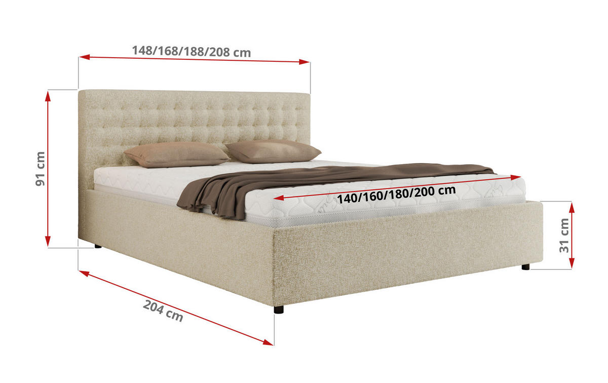 POLSTERBETT PAVO CLASSIC 160/200 - Creme Strukture - Schaum-Matratze - Creme, Textil (160/200cm) - MKS