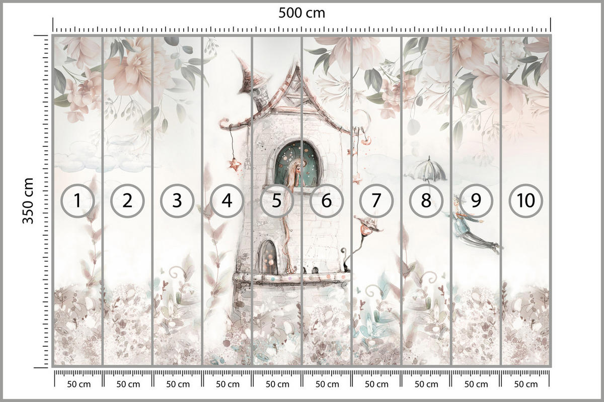 FOTOTAPETE für Kinderzimmer Prinzessin Turm Blumen Pflanzen 500x350 - Multicolor, Papier (500/350cm) - Muralo