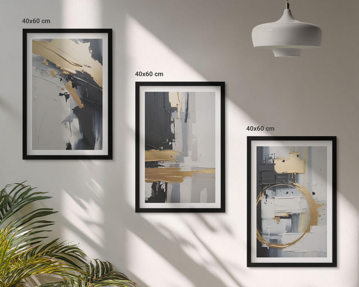 BILDER SET 3er Set - 40x60 cm Schwarzer Rahmen - Abstrakte Schwarz-Weiß-Malerei - Schwarz, Kunststoff (40/60cm) - TULUP