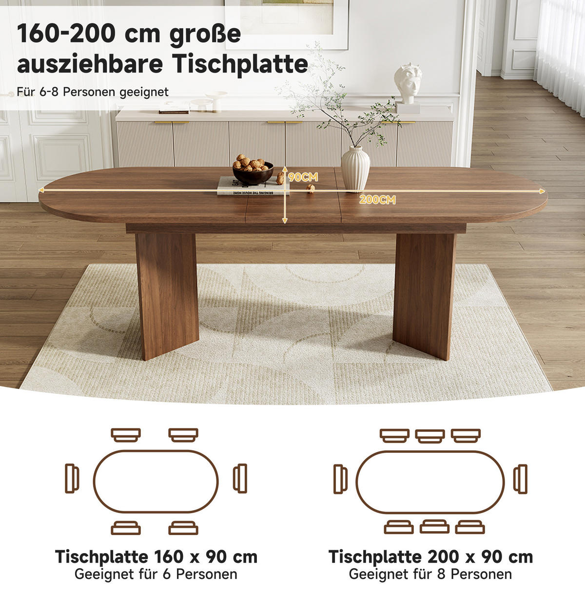 ESSTISCH aus MDF 200x90x75 cm Walnuss ausziehbar mit abgerundeten Ecken und 18 mm Tischplatte - Walnussfarben, Holzwerkstoff (200/90/75cm) - Modfu