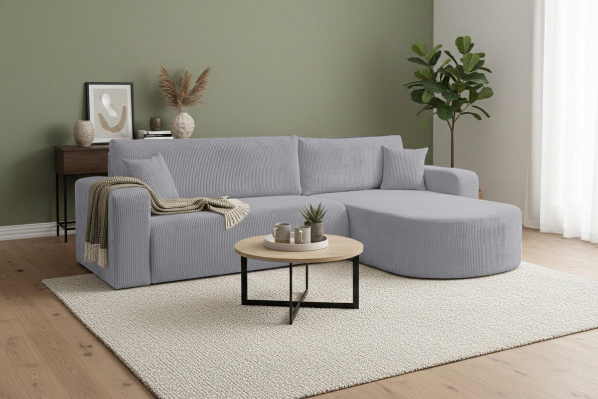 ECKSOFA TOKIO mit Schlaffunktion und Bettkasten, Farbe: Grau, Cordstoff, Ottomane Universal - Grau, Textil (275/170cm)