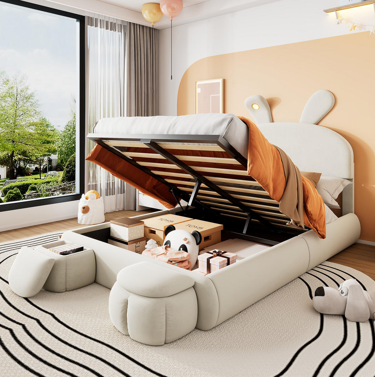 POLSTERBETT 140/200 cm beige aus Samt mit Stauraum und LED - Weiß, Textil (140/200cm) - OKWISH