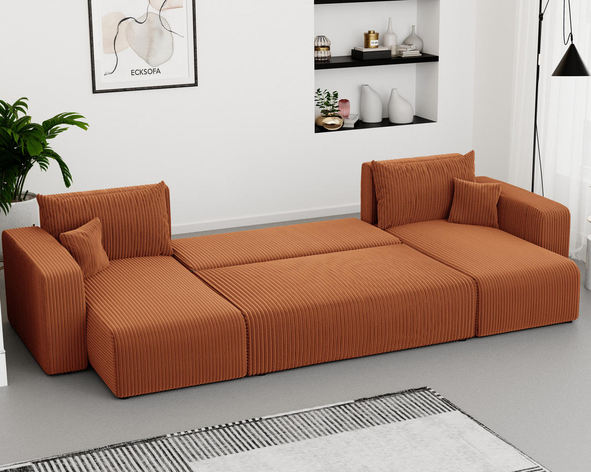 WOHNLANDSCHAFT mit Schlaffunktion und Bettkasten, Orange - Orange, Holzwerkstoff/Textil (318/79/145cm) - Idohome