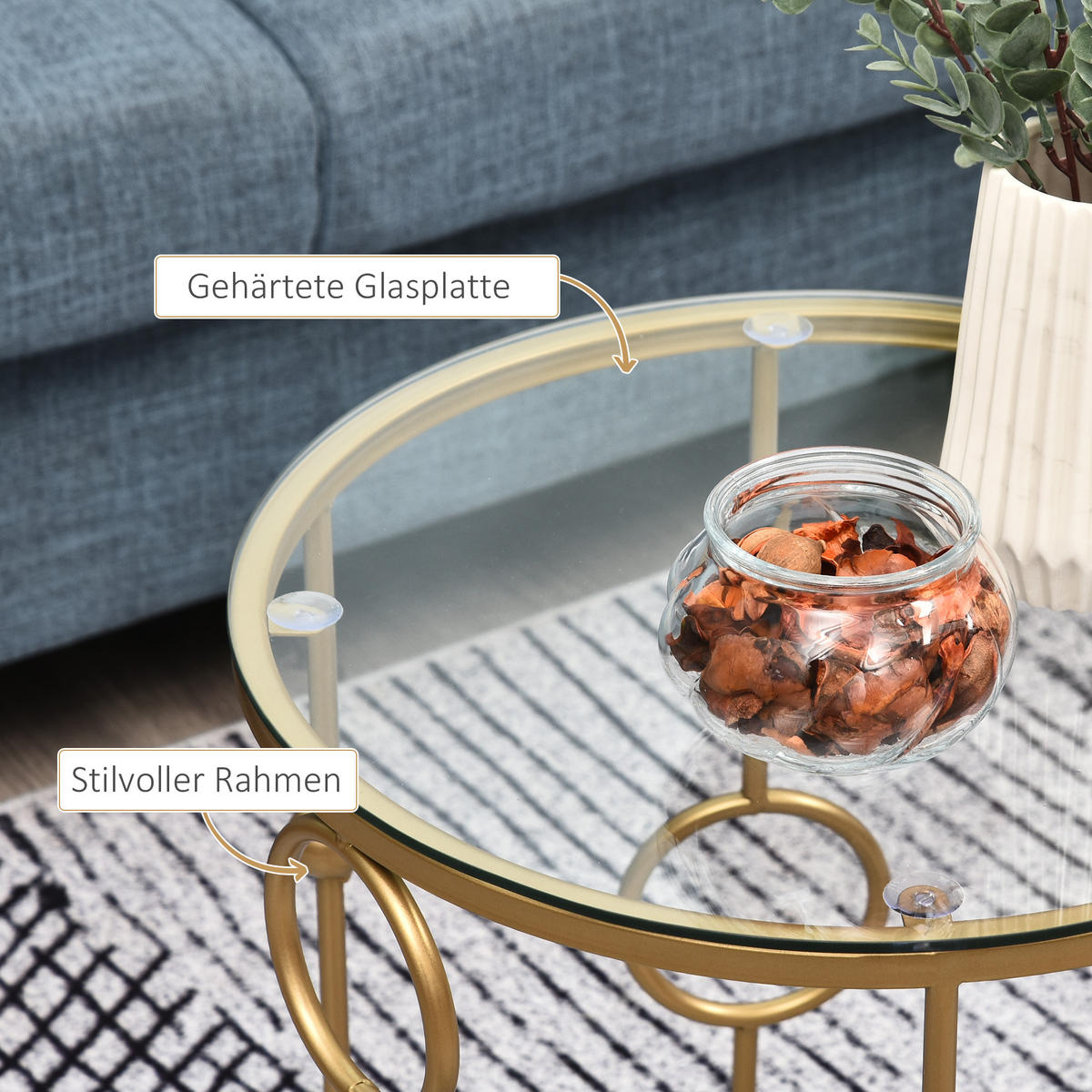 COUCHTISCH 2er-Set mit Glasplatte, Ø41 x 57 cm, Gold - Goldfarben, Glas (41/41/57cm) - HOMCOM