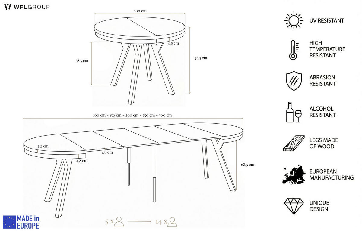 ESSTISCH Vero Neo rund ausziehbar verlängerbar, Weiss 100-300/100/77 cm - Schwarz/Weiß, Holz/Holzwerkstoff (100/300/77cm) - WFL GROUP