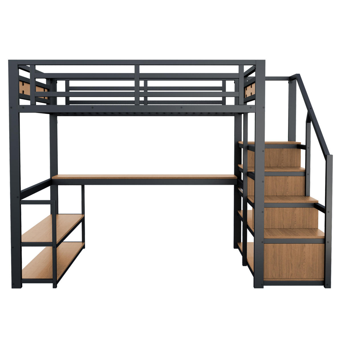 HOCHBETT 140/200 cm aus Metall und MDF mit Leiterregal und Schreibtisch Schwarz - Schwarz, Metall (140/200cm) - Modenvie