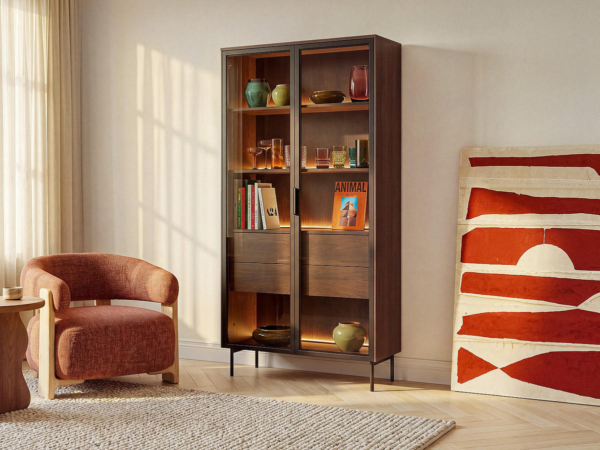 VITRINENSCHRANK - 91.5 x 39.3 - holz - schwarz, naturfarben dunkel Fogleri - Schwarz/Naturfarben, Holz (91.5/194.6/39.3cm) - Vente-Unique