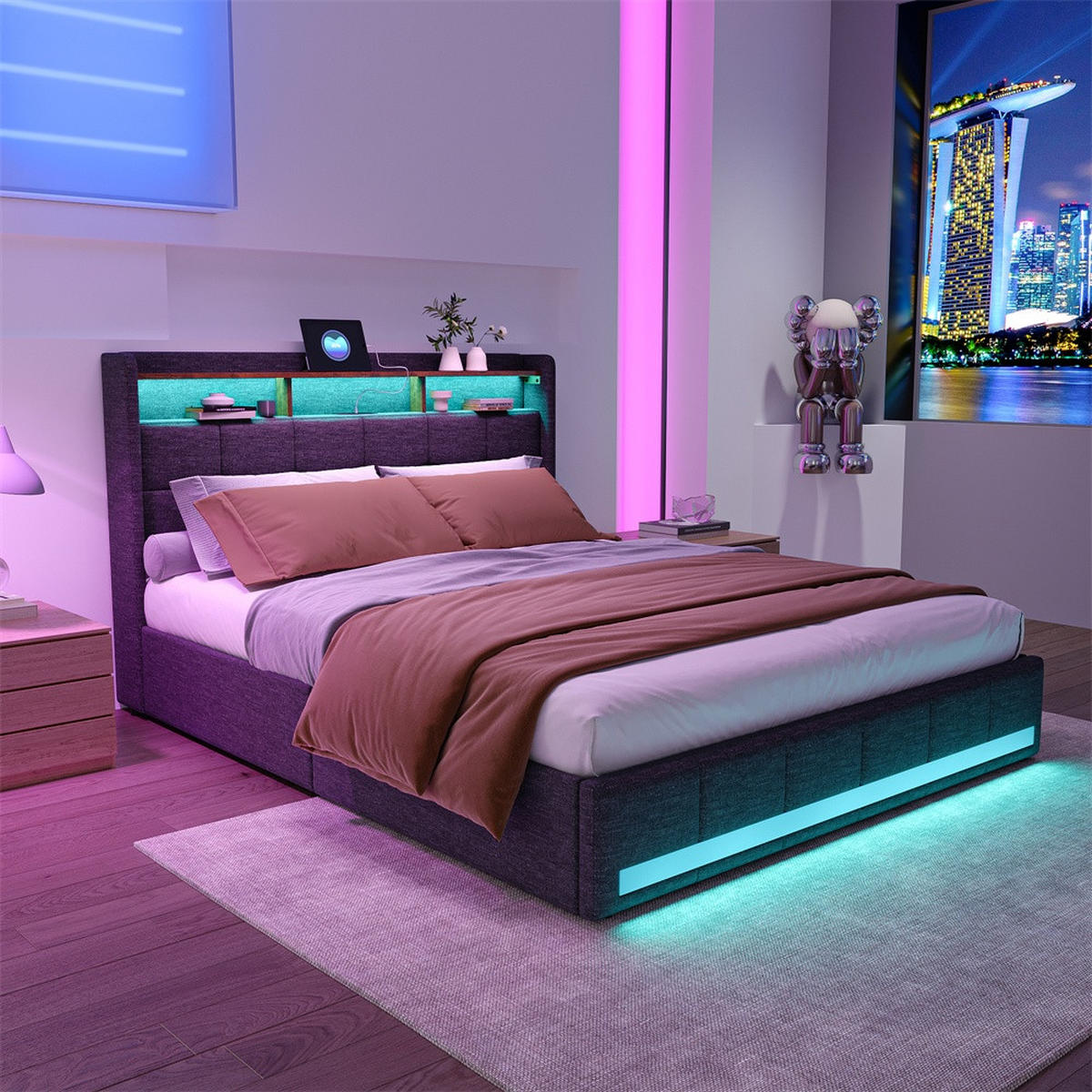 POLSTERBETT 140x190cm - Doppelbett mit 4 Schubladen - RGB-LED-Beleuchtung Ladestation - ohne Matratze - Grau - Grau, Textil (140/190cm) - DELFA