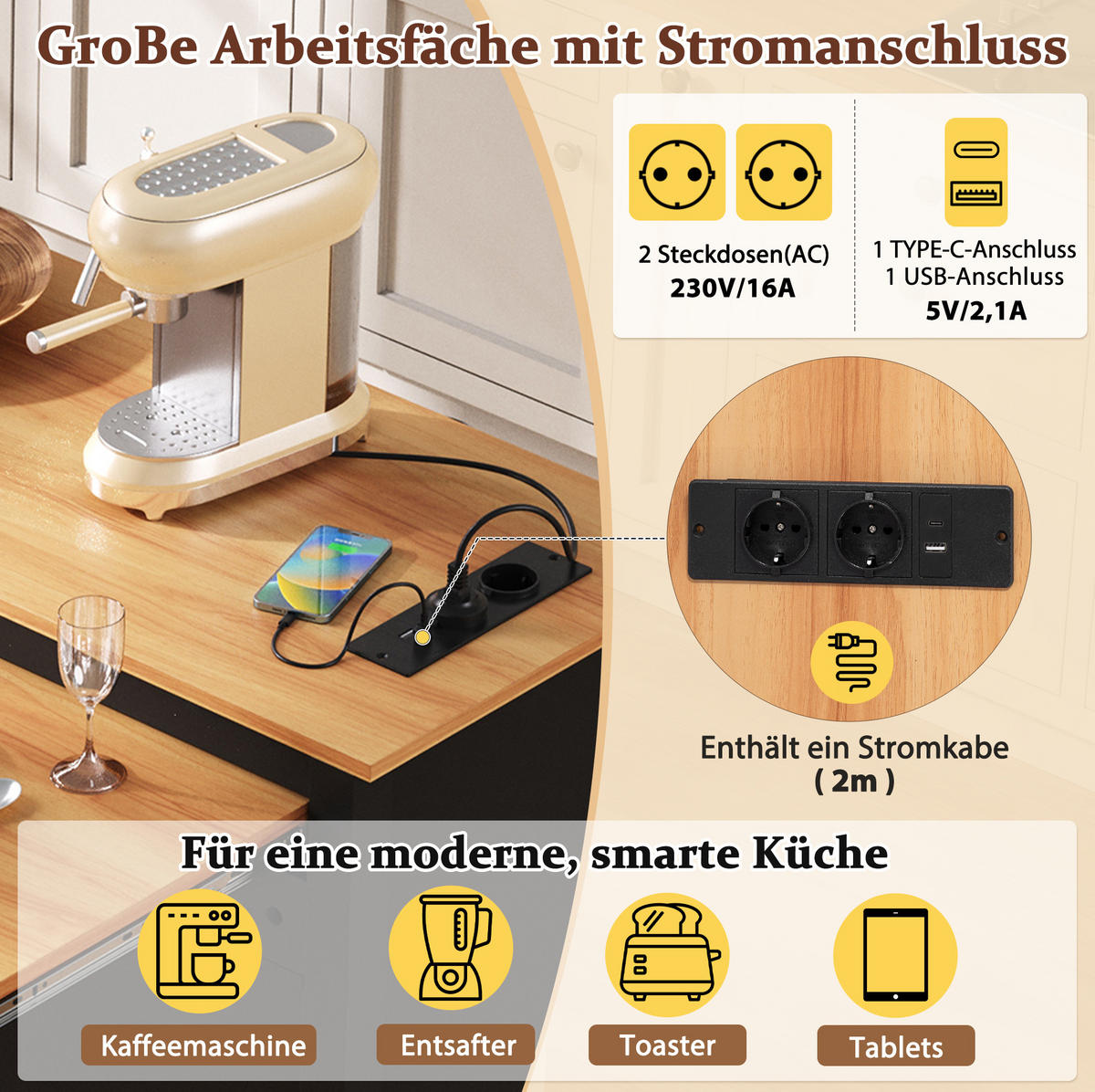 KÜCHENINSEL aus MDF 120/40-75/92 cm mit ausziehbarer Arbeitsplatte, Steckdosenleiste, Abfallfach und Rollen, Schwarz - Schwarz, Holzwerkstoff (120/92/75cm) - Redom