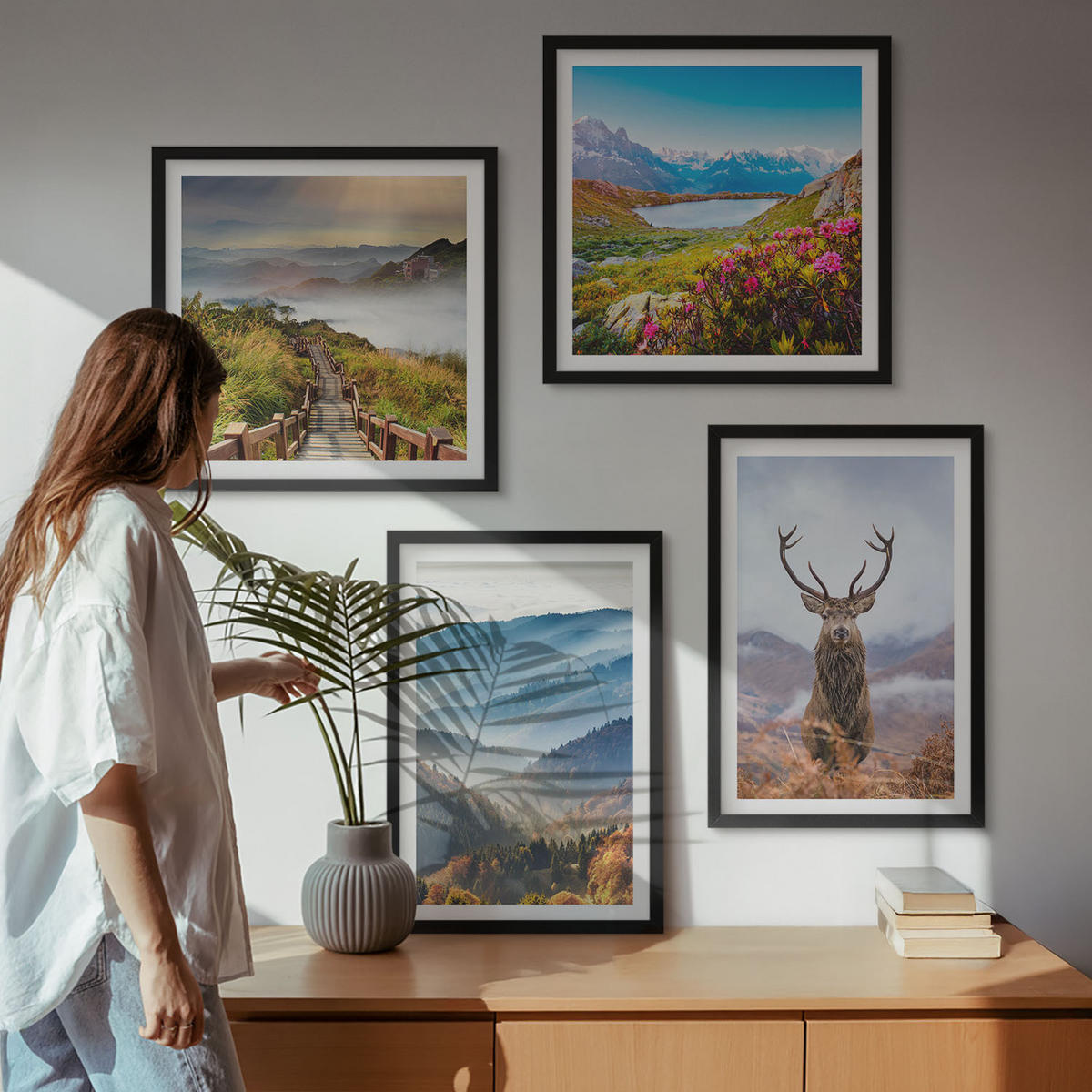 WANDBILDER 4er-Set - 50x50 cm & 40x60 cm Schwarzer Rahmen - Berglandschaft, See, Hirsche - Schwarz, Kunststoff (50/50cm) - ArtPrintCave