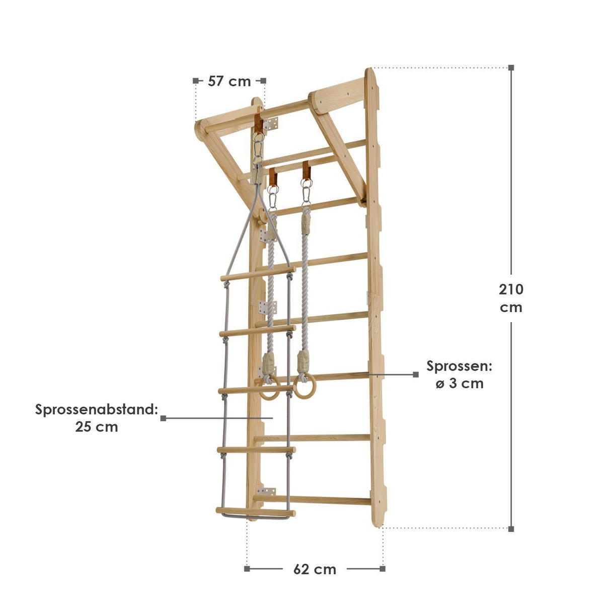 SPROSSENWAND für Kinder mit Turnringen - Naturfarben, Holz (62/57cm) - Juskys