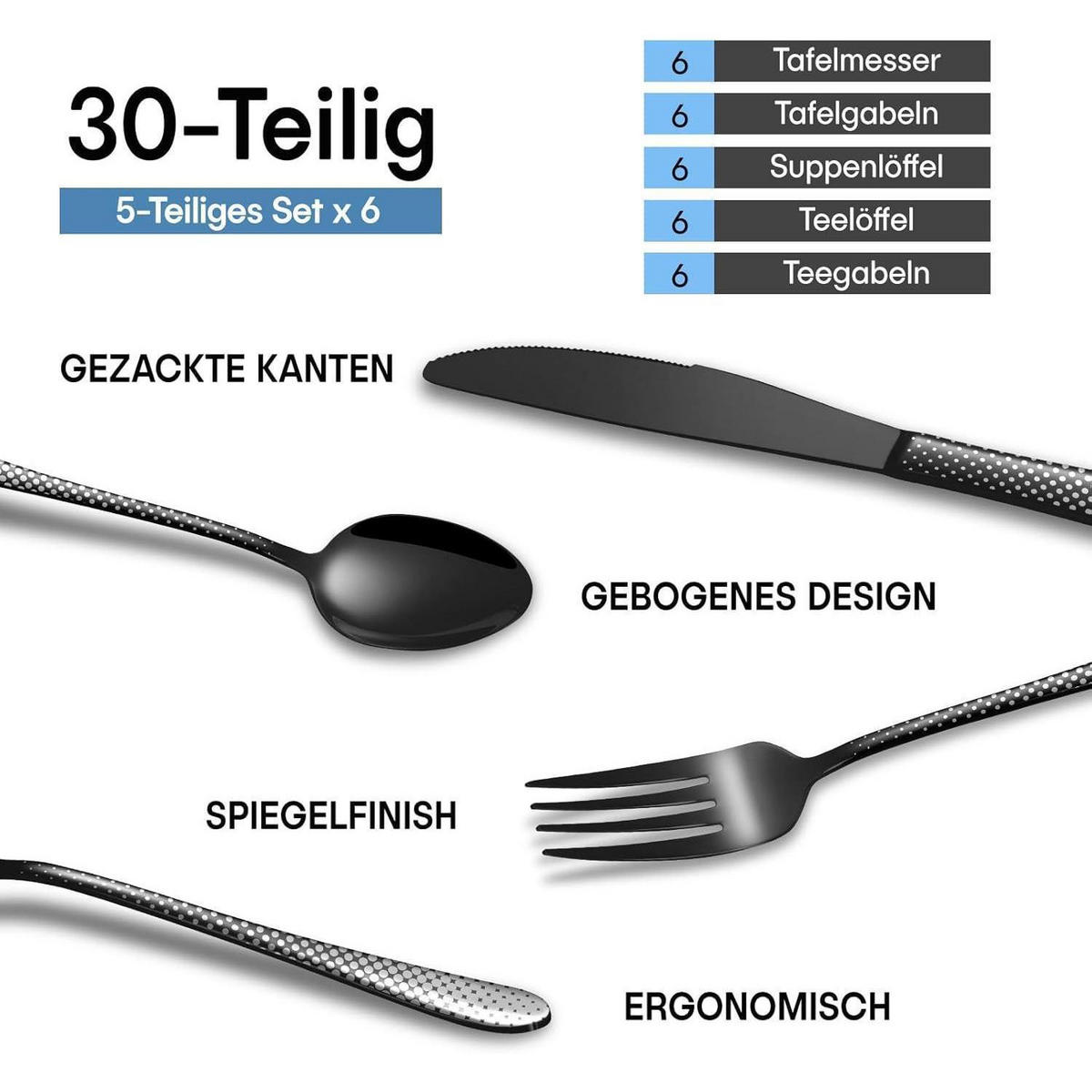 BESTECKSET 30-teilig 6 Personen Schwarz Laserpunktmuster Edelstahl Spülmaschinenfest - Schwarz, Metall
