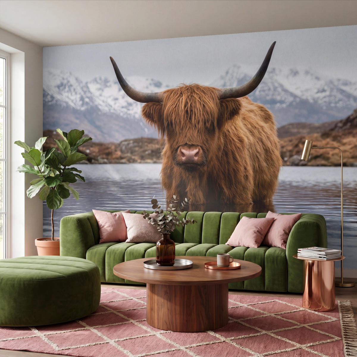 TAPETE - Schottischer Hochländer - Braun - Wasser - 450x300 cm - Braun, Papier (450/300cm) - OnlyWow