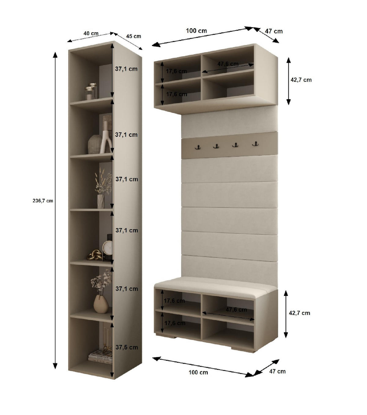 GARDEROBEN-SET 236,7/140/47 - Goldfarben/Weiß, Holz/Kunststoff (140/236.7/47cm) - Abiks Möbel