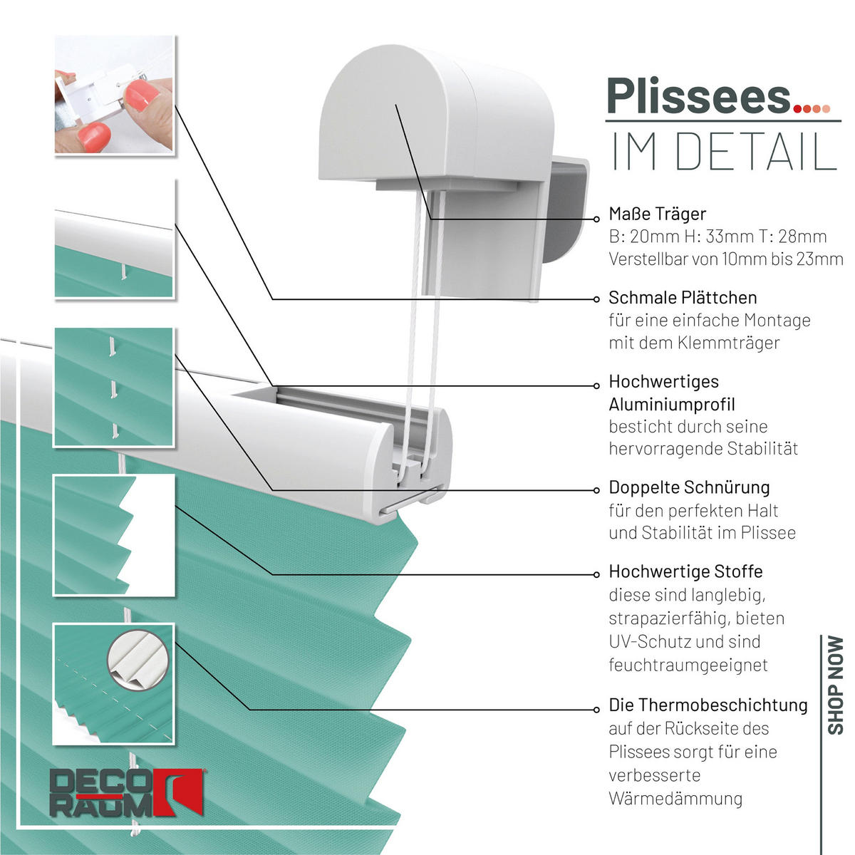 PLISSEE Thermo Basic 75 x 210cm Klemmfix ohne Bohren - Türkis, Textil (75/210/210cm) - Deco-Raum