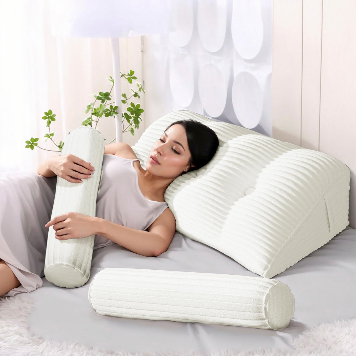 LESEKISSEN Keilkissen mit einem runden Kissen 2er-Set Gestreifter Samt Weiß 100cm - Weiß, Textil (20/100cm) - Vercart