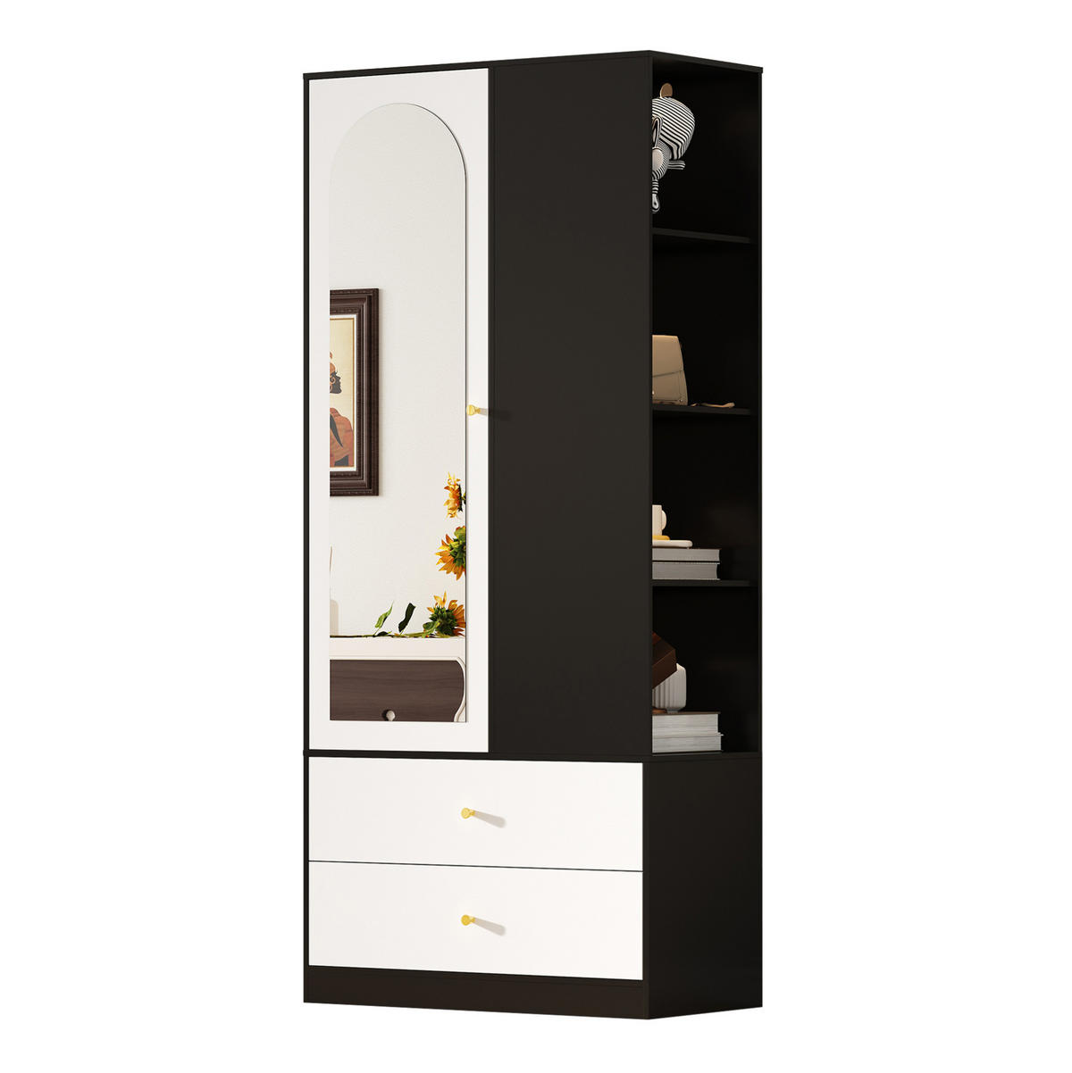 KLEIDERSCHRANK mit Spiegeltür, Kleiderstange & 2 Schubladen, 80/40/180 cm, Weiß/Schwarz - Weiß, Holzwerkstoff (80/180/40cm) - Redom