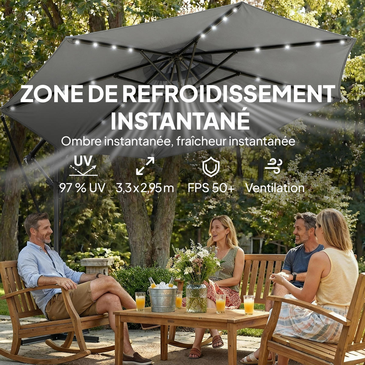 AMPELSCHIRM Ø295 cm DE-11587 mit Solar-LED & UV50+ Grau - Dunkelgrau, Metall (295/330cm) - ComfortXL