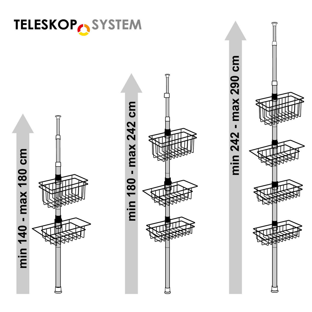 TELESKOP-BADREGAL, 4 Körbe; max. 290 cm - Schwarz, Metall (30/290/30cm) - bremermann