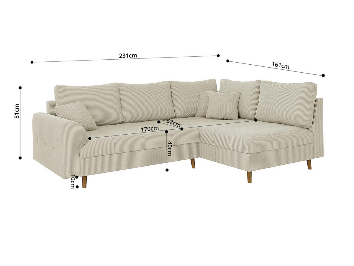 ECKSOFA inkl. Hocker Alma Beige Cord - Ottomane rechts - Beige/Braun, Holz/Textil (231/161cm) - S-Style Möbel