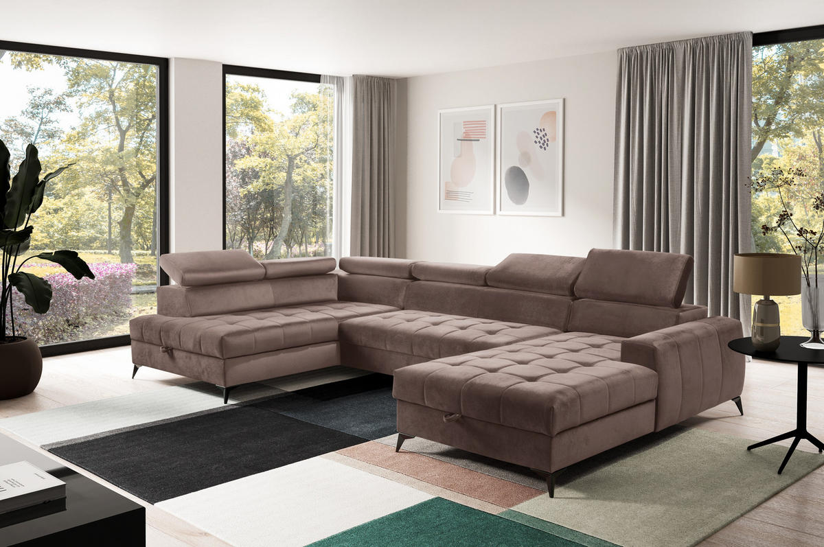 WOHNLANDSCHAFT Arkucio U Braun 345/200/95 cm – großes Sofa mit Schlaffunktion R - Schwarz/Braun, Textil/Metall (345/95/200cm) - AX Living