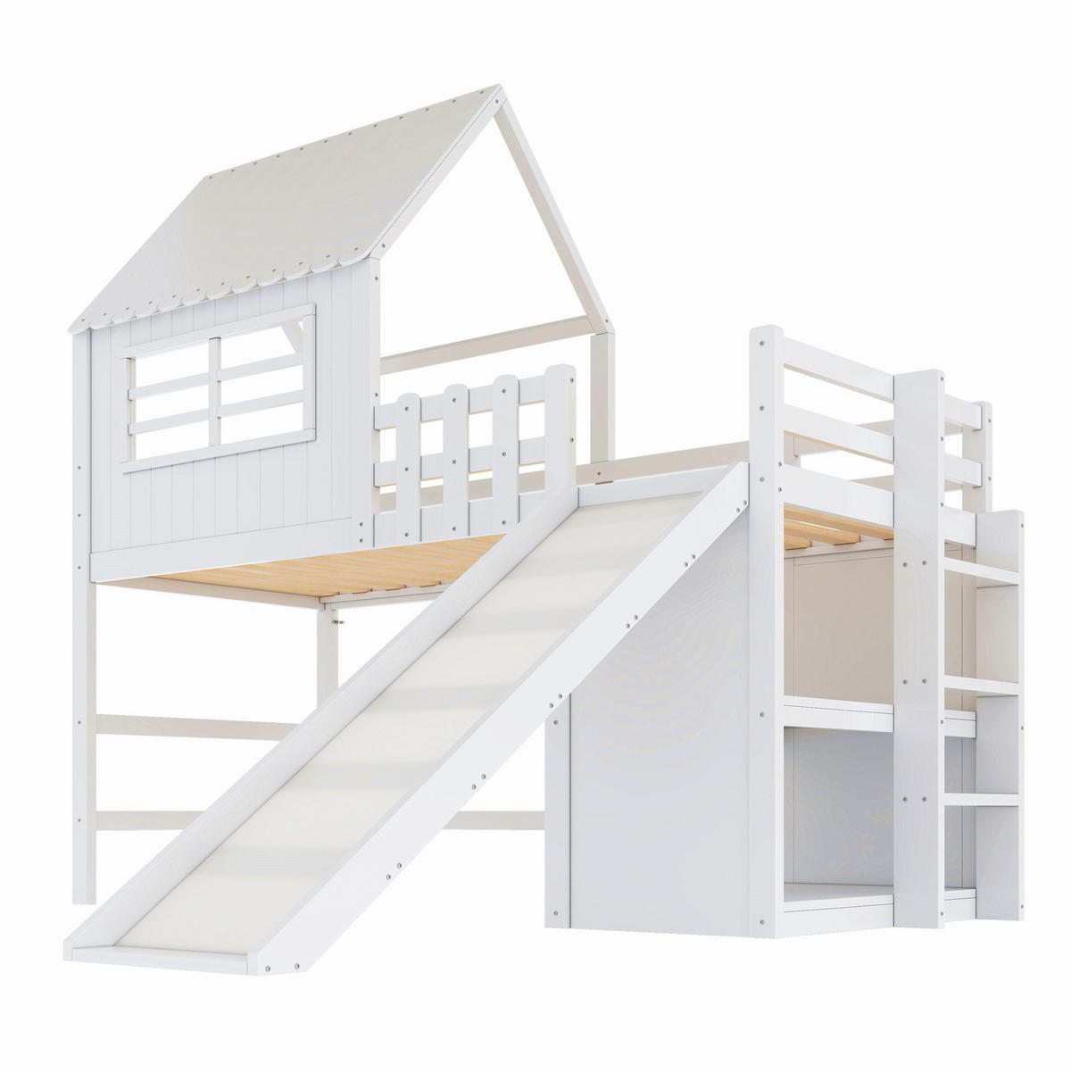 KINDERBETT 90/200 cm mit Rutsche, Leiter und Dachdesign aus Massivholz mit Stauraum, Weiß - Weiß, Holz (90/200cm) - Redom