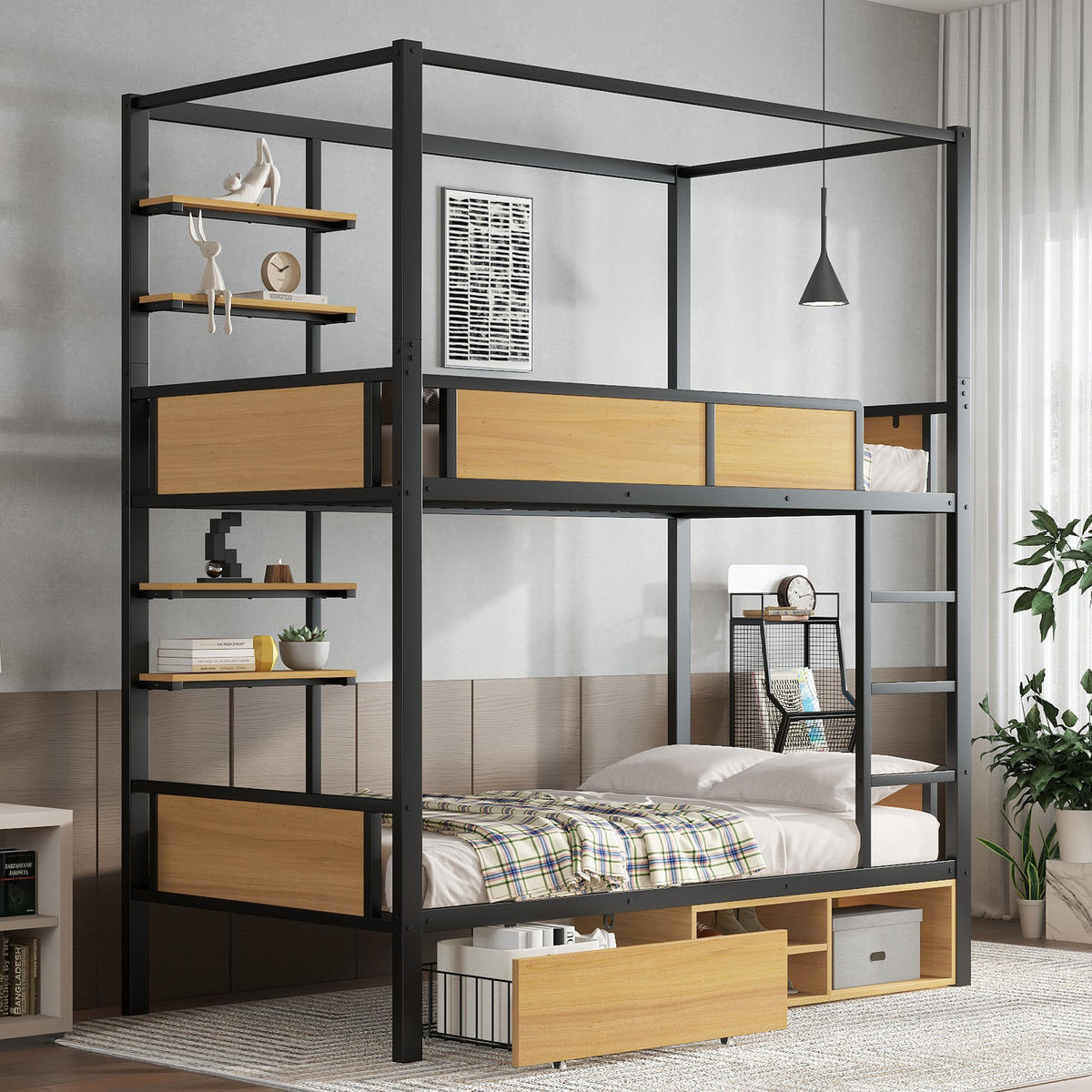 ETAGENBETT 90/200 cm schwarz und natur aus Metall mit Stauraum - Schwarz, Holzwerkstoff (90/200cm) - OKWISH