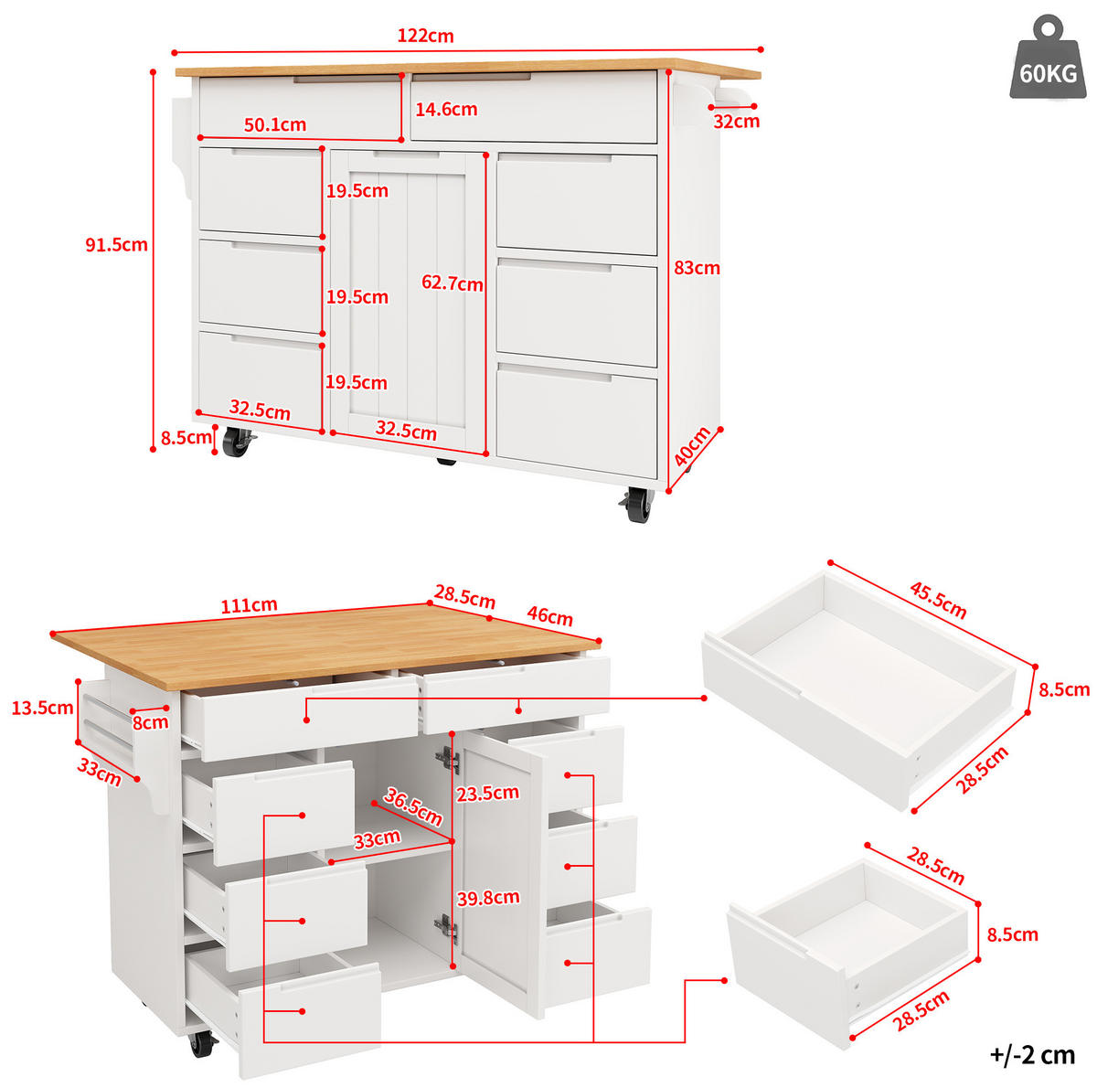 KÜCHENINSEL mit Klapptisch 122 x 74,5 x 91,5 cm Weiß MDF - Weiß, Holz (74.5/91.5/122cm) - Beauniv