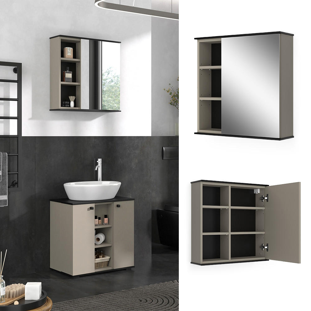 BADSPIEGELSCHRANK Joli Greige 60 x 60 cm mit Spiegel - Greige/Schwarz, Holzwerkstoff (60/60/17.4cm) - Vicco