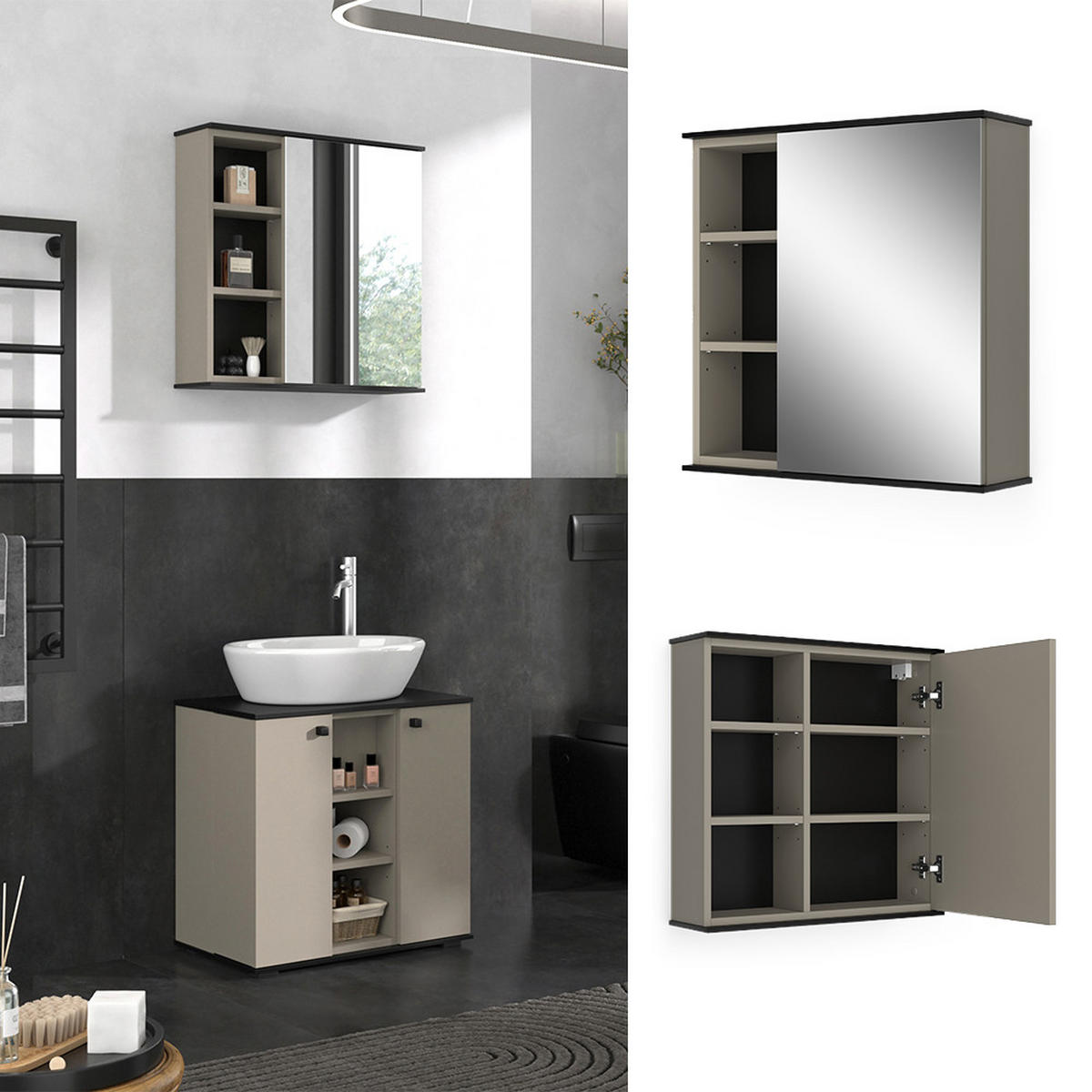 BADSPIEGELSCHRANK Joli Greige 60 x 60 cm mit Spiegel - Greige/Schwarz, Holzwerkstoff (60/60/17.4cm) - Vicco