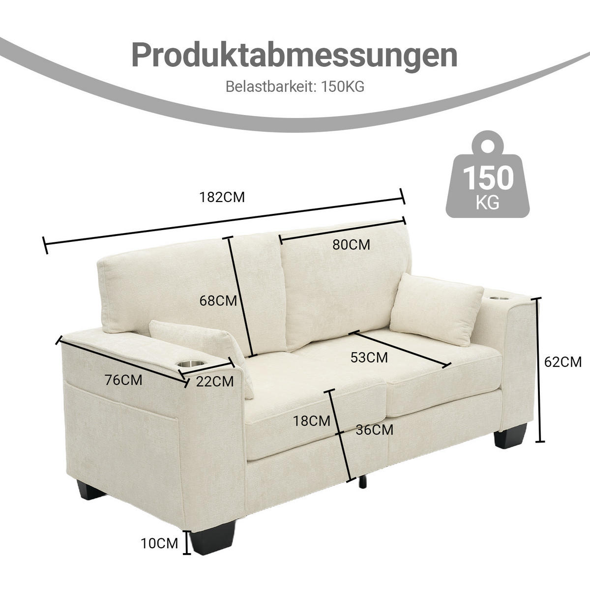 2-SITZER-SOFA 182 cm Chenille mit Getränkehaltern, DE-42913, Beige - Beige, Holz (182/96/79cm) - ComfortXL