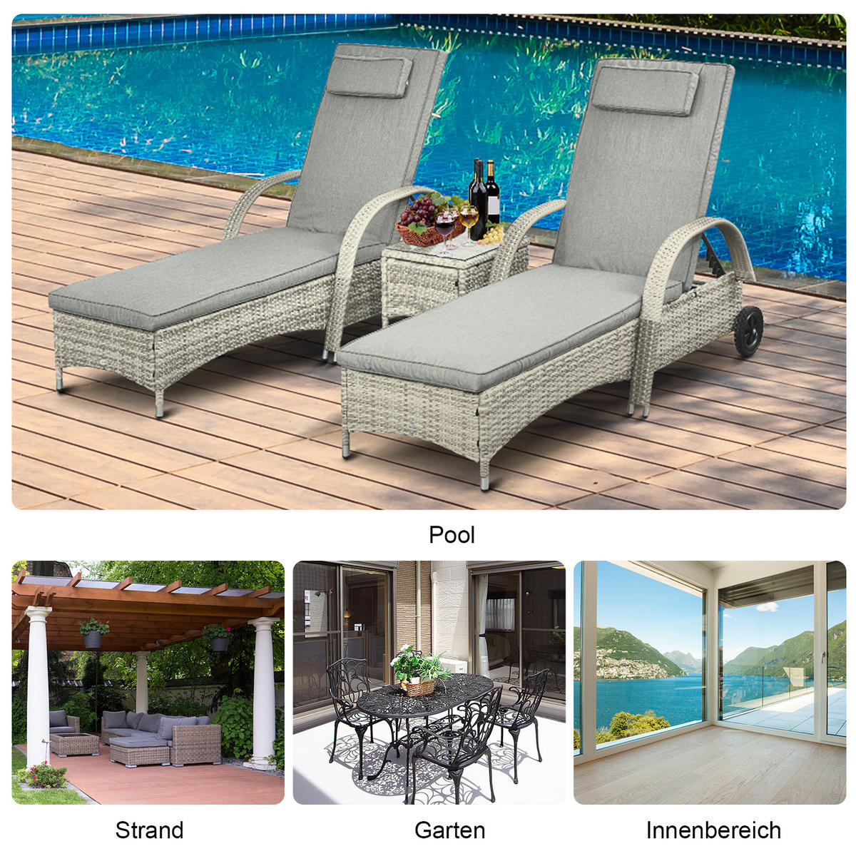 GARTENMÖBEL, Polyrattan+Metall Grau - Grau, Kunststoff - Outsunny