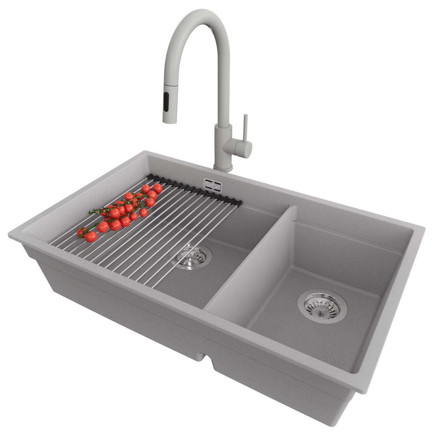 GRANITSPÜLE Praga Slim Duo, 2-er set Grau 76/47 cm 2 Becken + Küchenarmatur 40/20 cm + Ablauf-Set + Aufrollbare Abtropffläche ab 80er Unterschrank - Chromfarben/Grau, Kunststoff (76/20/47cm) - Primagran