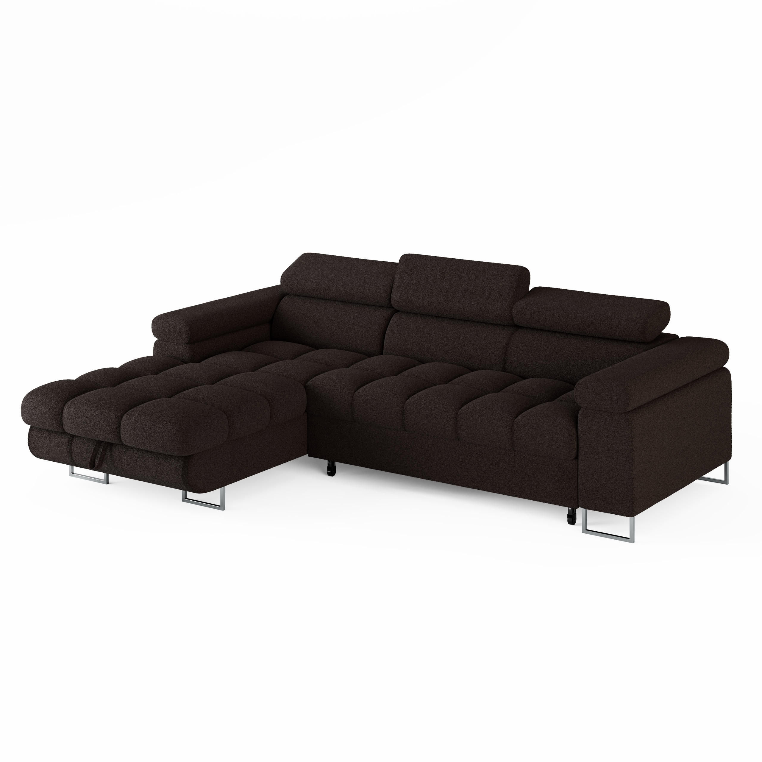 ECKSOFA CLOUD Links Dunkelbraun L-Form Bouclé-Stoff mit Schlaffunktion und Bettkasten - Chromfarben/Dunkelbraun, Holz/Metall (235/275cm) - Barchello