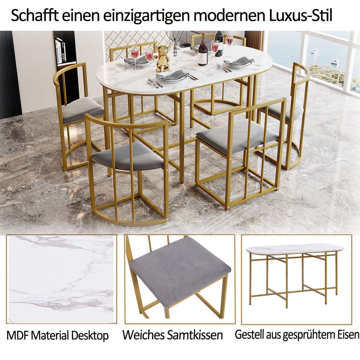 ESSGRUPPE Esstisch 6 Stühle Weiß Grau Gold - Goldfarben, Holzwerkstoff (140/76/80cm) - FLIEKS