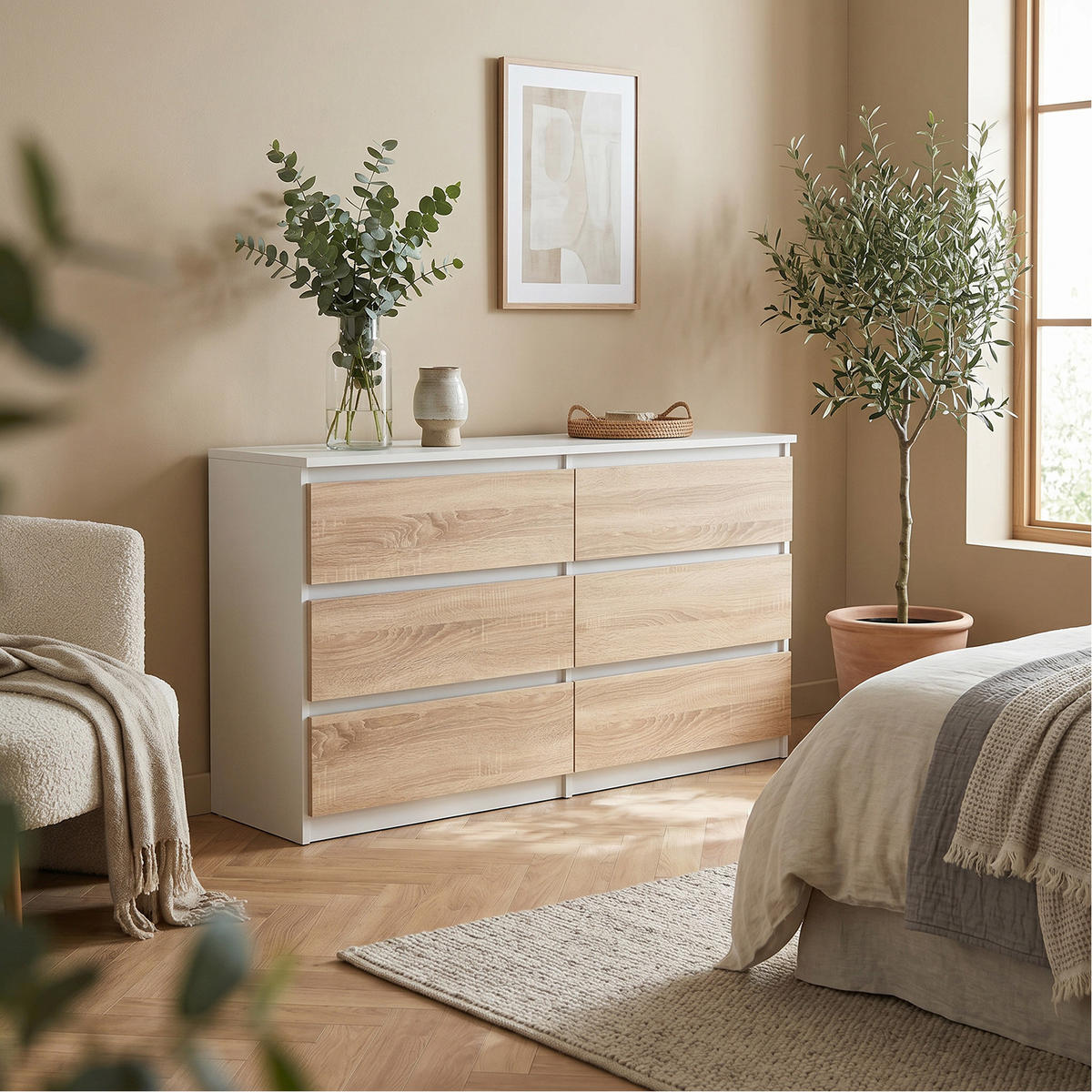 KOMMODE NUDO 120/78,5/39cm mit 6 Schubladen Türen Weiß - Weiß/Sonoma Eiche, Holzwerkstoff (120/78.5/39cm) - MASSENO