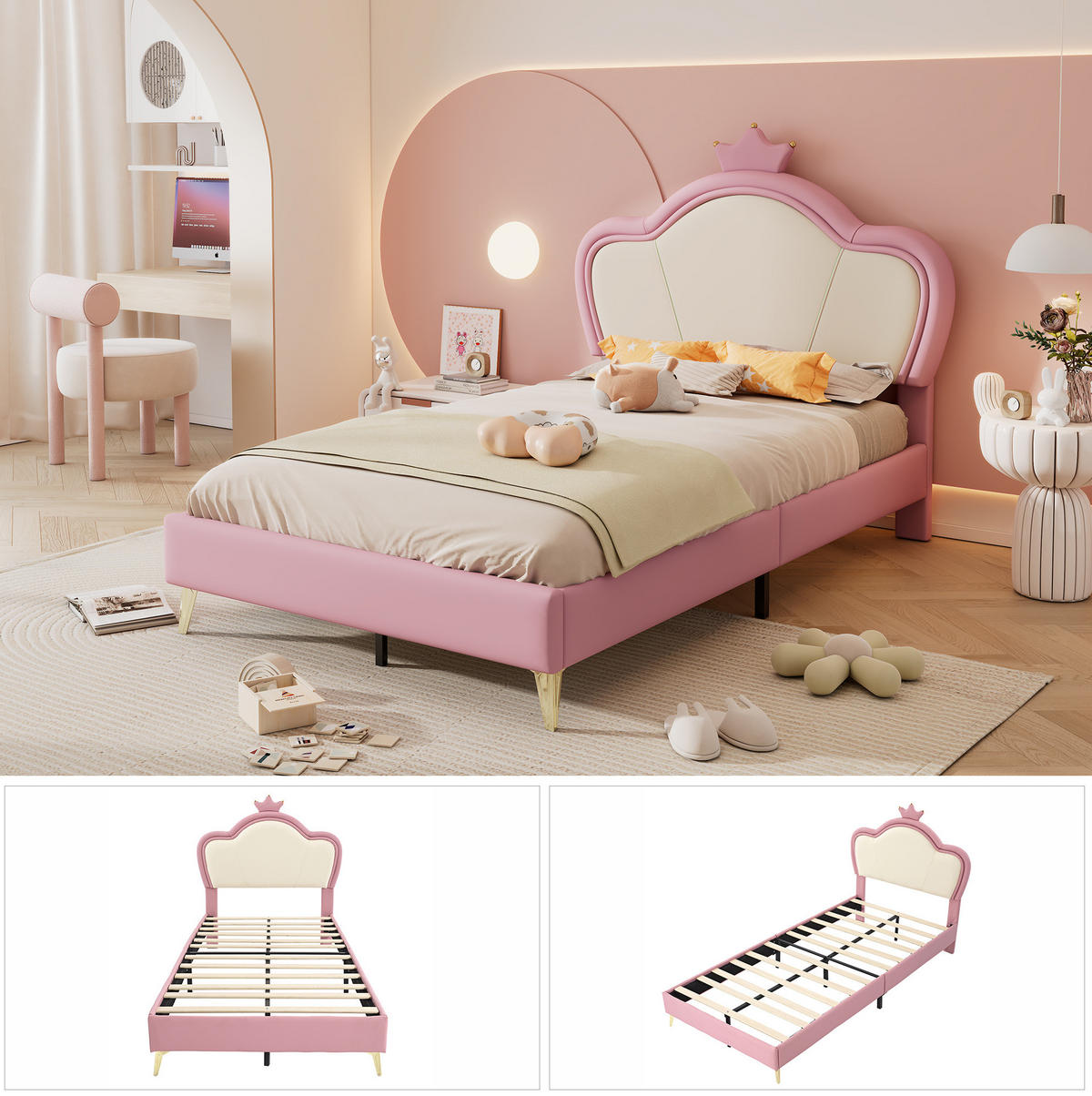 POLSTERBETT 90/200 cm Rosa/Weiß aus PU mit Kronen-Kopfteil - Weiß, Kunststoff (90/200cm) - OKMYHOME