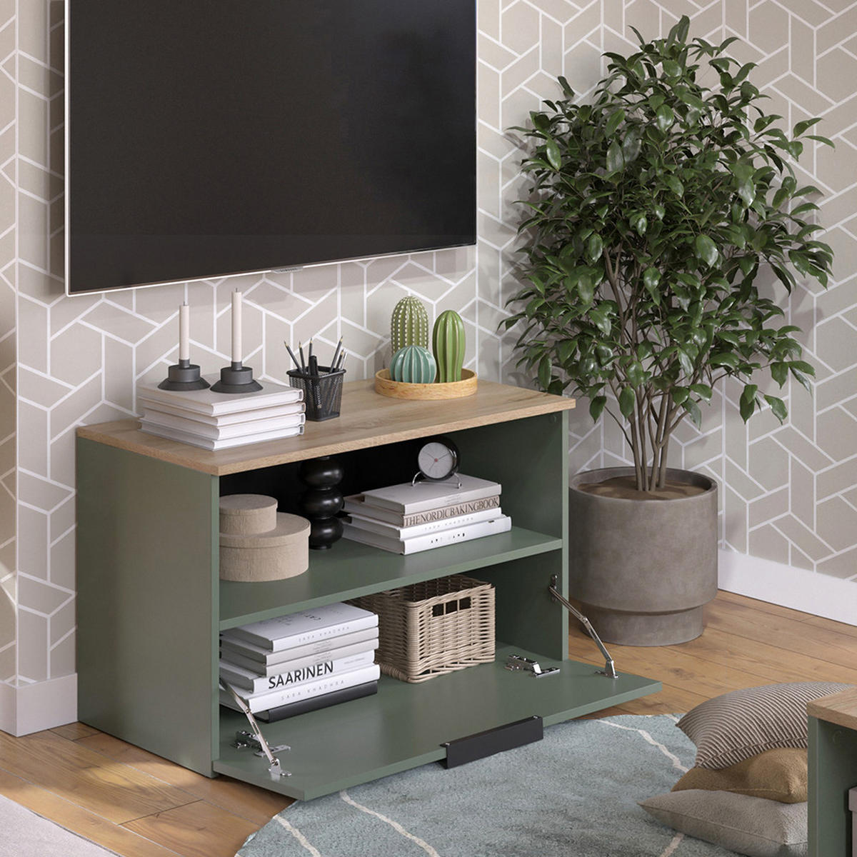 KOMMODE Wido Grün 80 x 50 cm mit 1 geschlossenem Fach - Grün/Sonoma Eiche, Holzwerkstoff (80/50/40cm) - Vicco