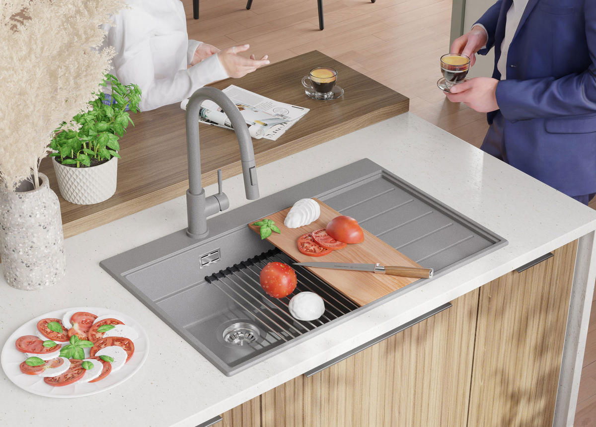 SPÜLBECKEN Sydney, 2-er set Grau 78/50 cm 1 Becken + Ablauf-Set + Küchenzubehörset ab 50er Unterschrank - Chromfarben/Beige, Kunststoff (78/20/50cm) - Primagran