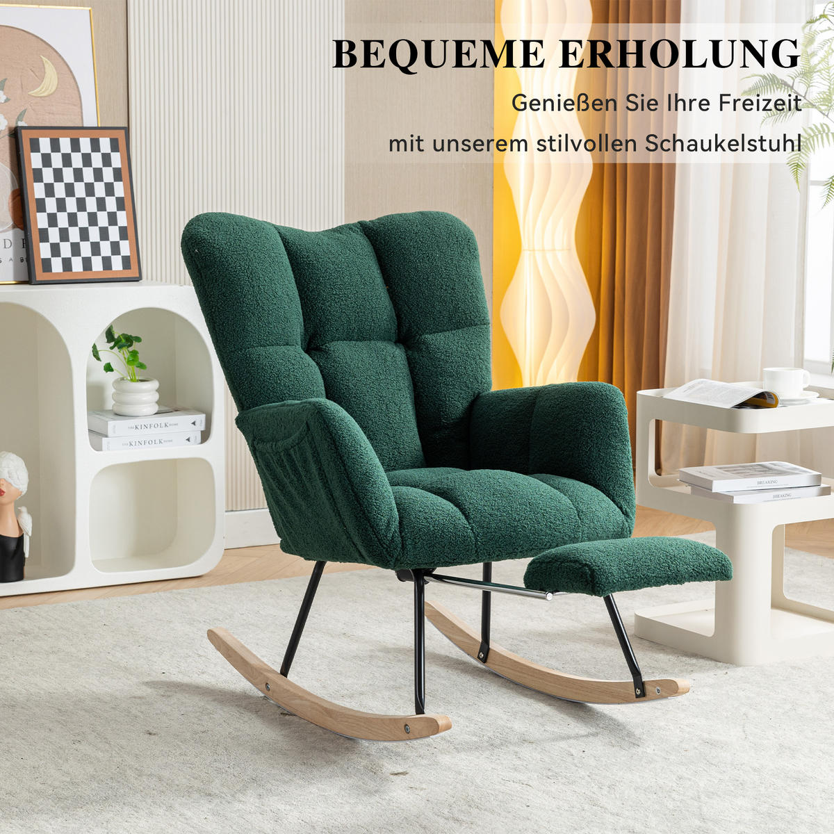 SCHAUKELSTUHL Teddy-Stoff mit klappbarer Fußstütze 80/98/98.5 cm Grün - Grün, Textil (98/98.5/80cm) - Redom