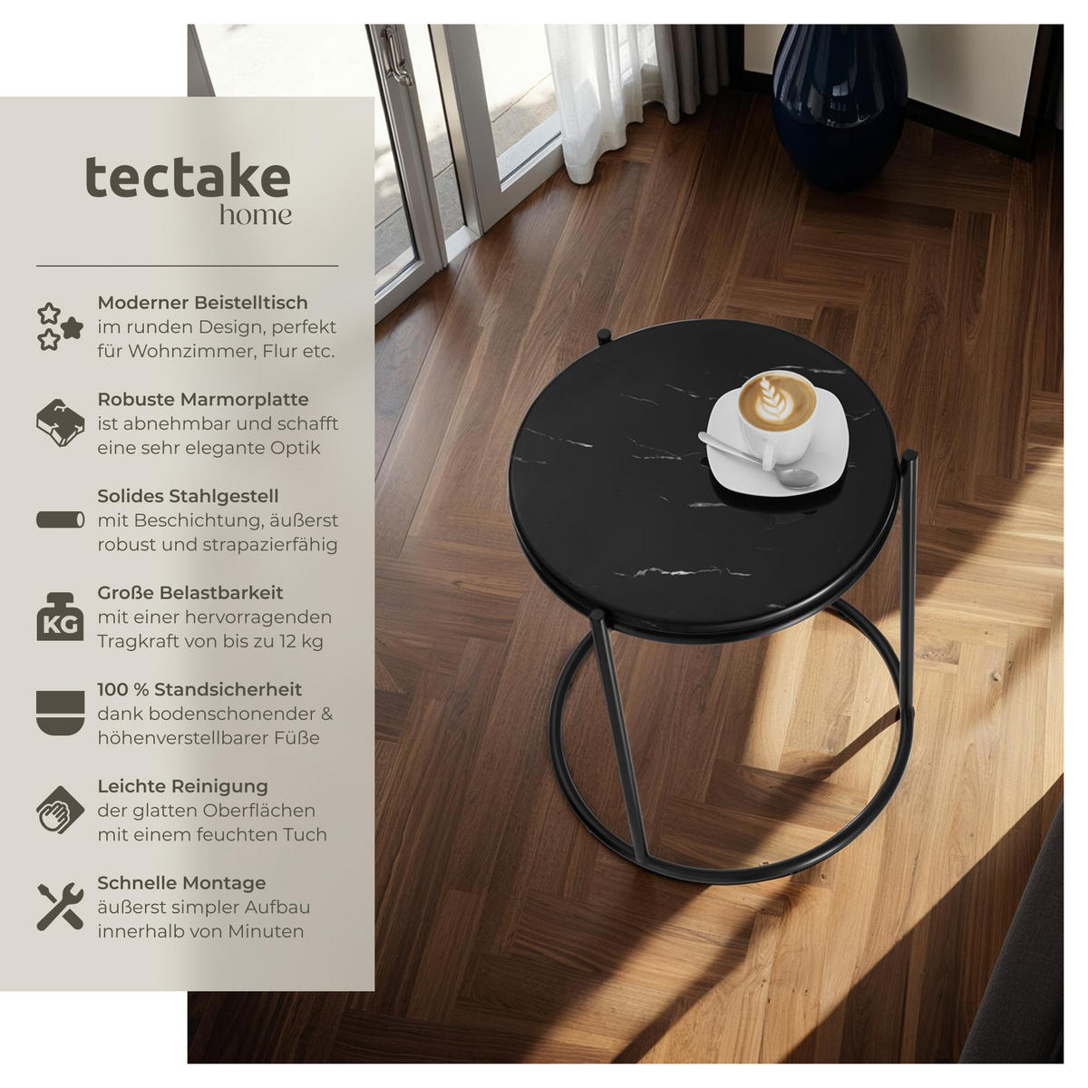 BEISTELLTISCH Ellsa,43 x 43 x 50,5 cm,schwarz/schwarz - Schwarz, Stein (43/43/50.5cm) - tectake