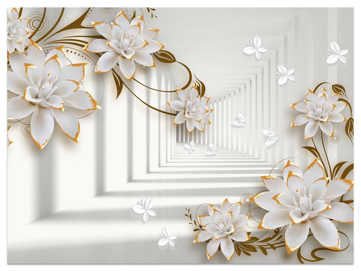 FOTOTAPETE für Wohnzimmer Abstrakter Blumen Tunnel Schmetterlinge 500x350 - Beige/Orange, Papier (500/350cm) - Muralo