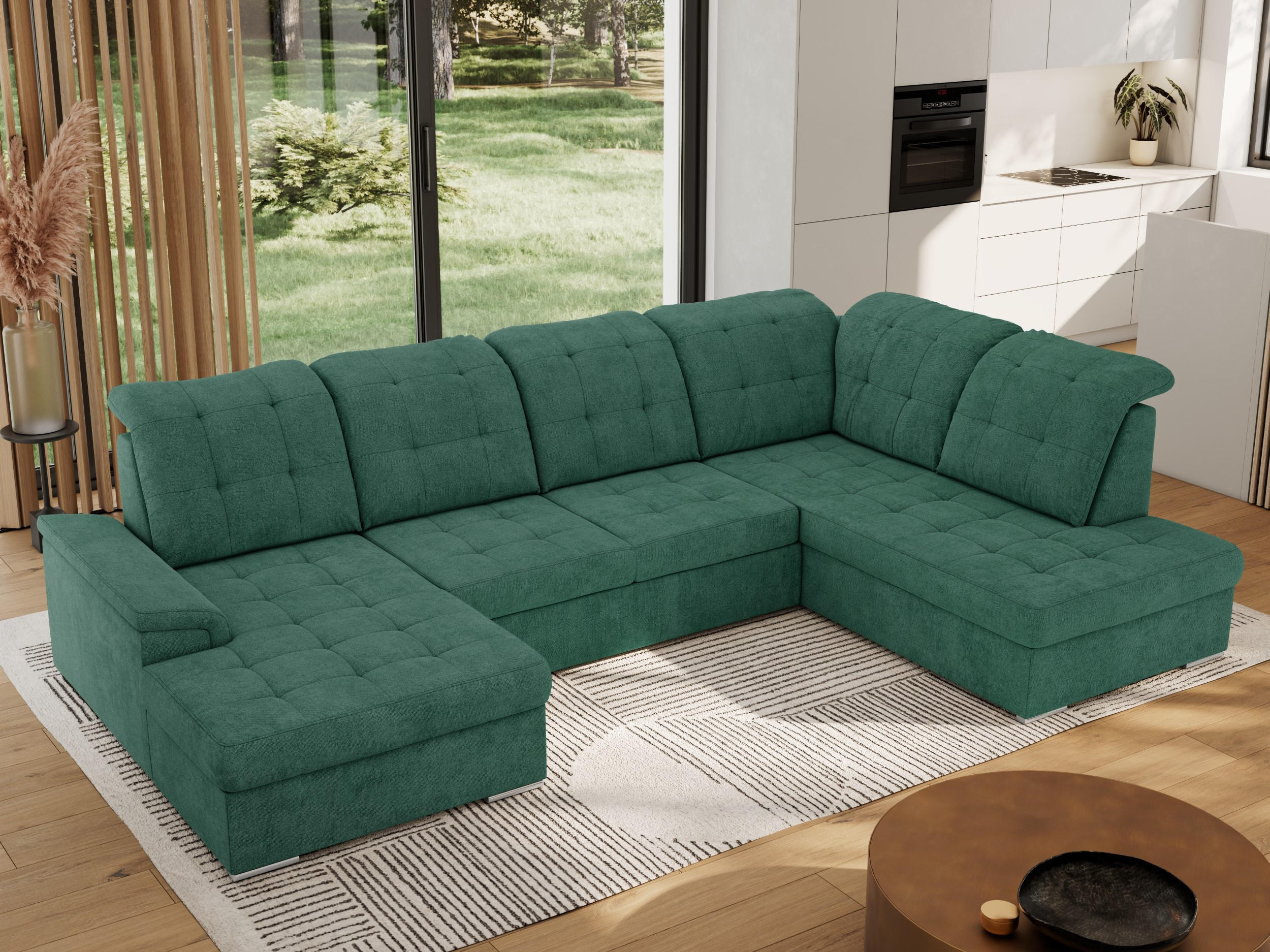 WOHNLANDSCHAFT MADRITO U - Grün Struktur - Rechts - Silberfarben/Grün, Textil/Metall (323/89/204cm) - MKS
