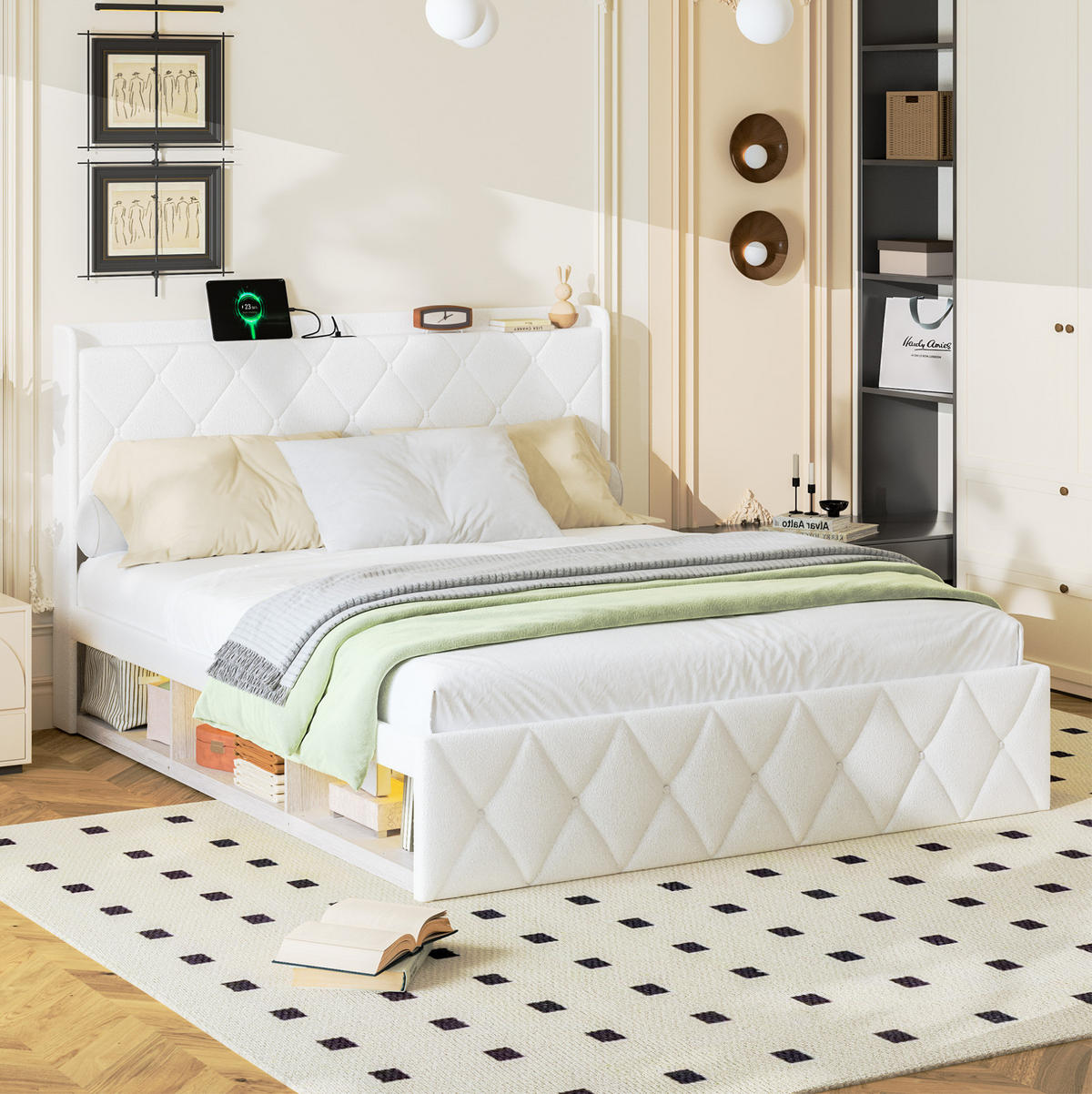 POLSTERBETT 160/200 cm aus Teddy-Stoff mit USB-Ladefunktion und LED-Beleuchtung Weiß - Weiß, Fell (160/200cm) - Modenvie