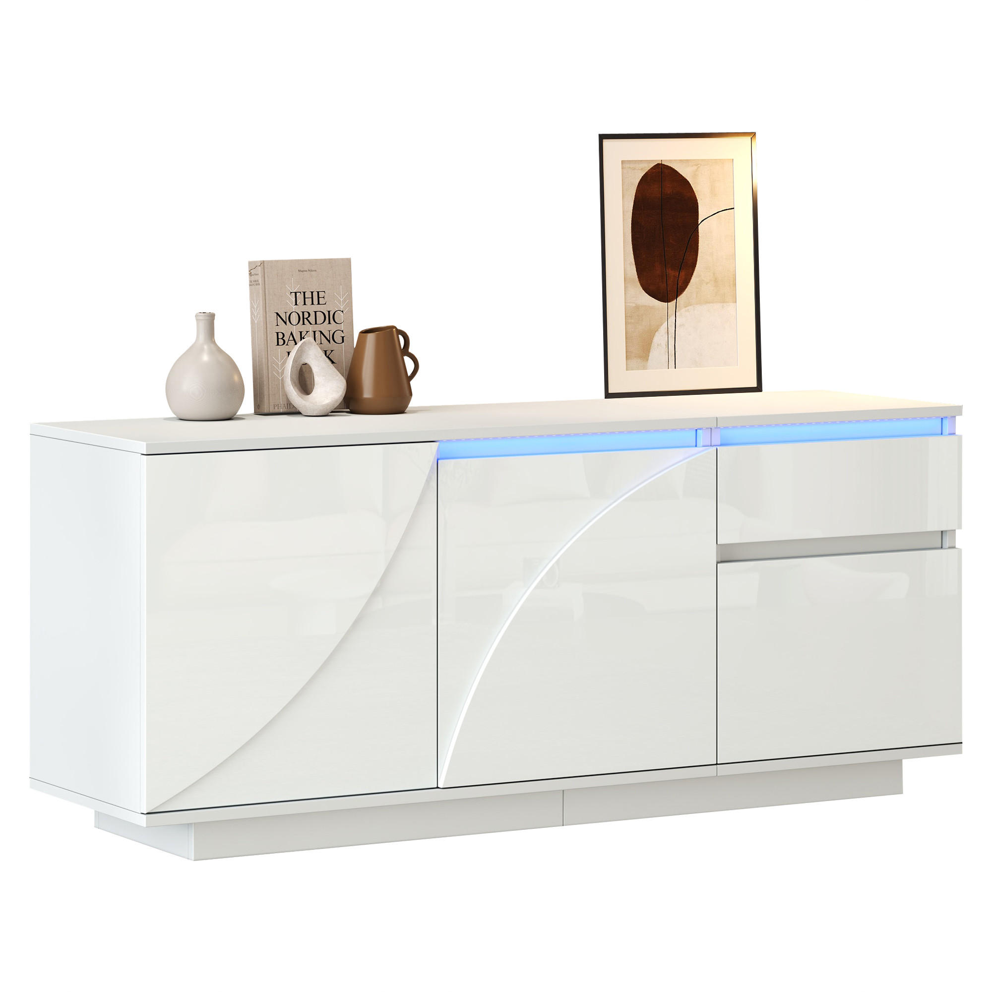 SIDEBOARD 140/40/60 cm, Hochglanz Weiß mit LED, 3 Schränke und 1 Schublade, verstellbare Einlegeböden，Weiß - Weiß, Holzwerkstoff (140/60/40cm) - Redom