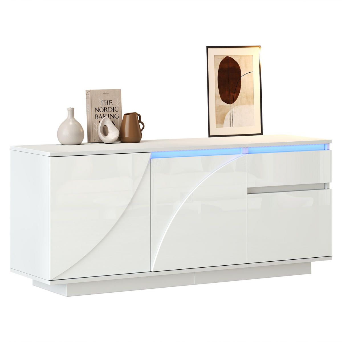 SIDEBOARD 140/40/60 cm, Hochglanz Weiß mit LED, 3 Schränke und 1 Schublade, verstellbare Einlegeböden，Weiß - Weiß, Holzwerkstoff (140/60/40cm) - Redom