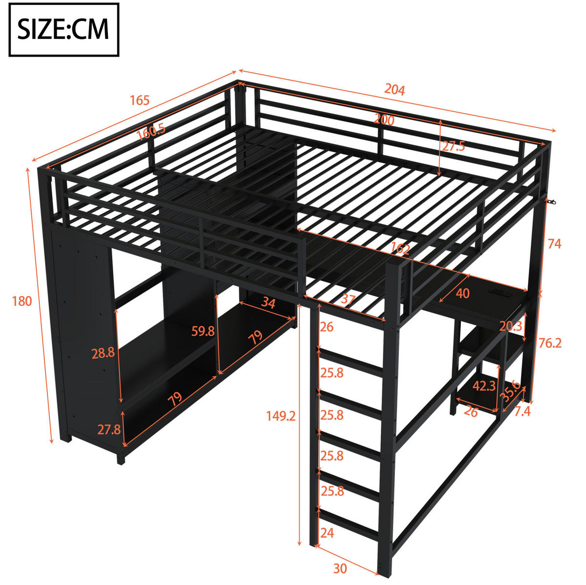 VISOKI krevet 160/200 cm s LED osvjetljenjem, radnim stolom i otvorenim ormarom, crni metal - crna, metal (160/200cm) - Redom